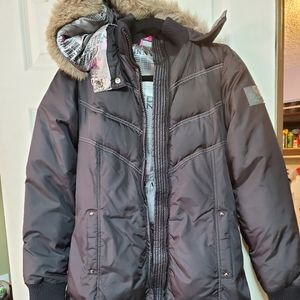 *Size Small* DKNY Active* Black Hooded Long Jacket. Lined hoodie. Comes w/ Belt.